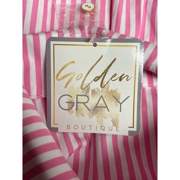 Pink & White Striped Ruffle Button-Down Blouse By Karlie Large Cotton Womens - Picture 6 of 10